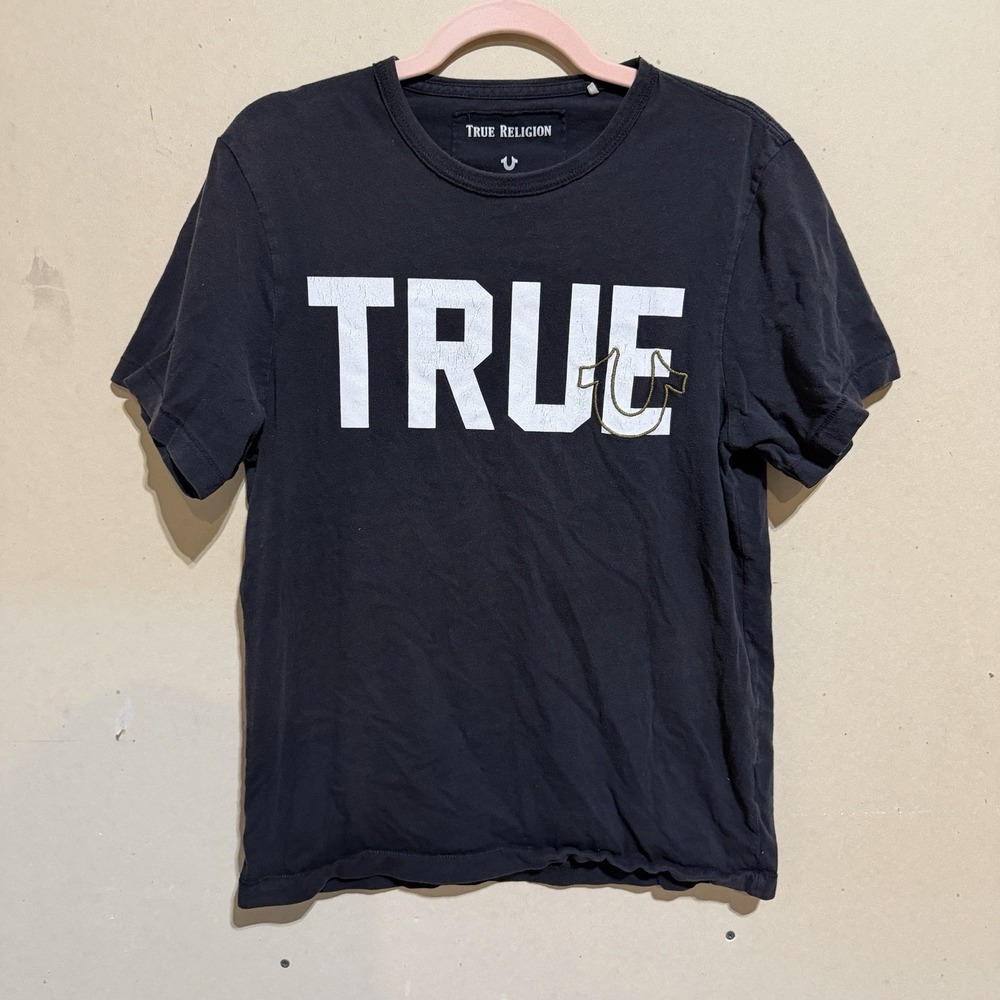 True Religion Men's Black Graphic Tee Shirt True Slogan Size Small Distressed